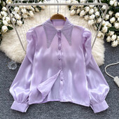 Alapok Lehajtható gallér, hosszú ujjú karcsú, egysoros elegáns hímzett szatén gyöngy felső francia női High Street őszi blúz