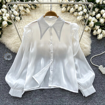 Alapok Lehajtható gallér, hosszú ujjú karcsú, egysoros elegáns hímzett szatén gyöngy felső francia női High Street őszi blúz