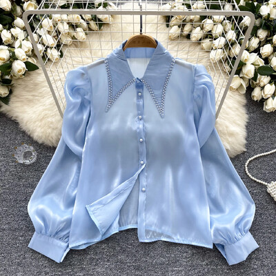 Alapok Lehajtható gallér, hosszú ujjú karcsú, egysoros elegáns hímzett szatén gyöngy felső francia női High Street őszi blúz