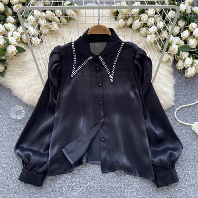 Alapok Lehajtható gallér, hosszú ujjú karcsú, egysoros elegáns hímzett szatén gyöngy felső francia női High Street őszi blúz