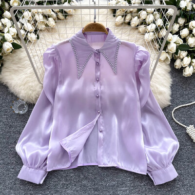 Alapok Lehajtható gallér, hosszú ujjú karcsú, egysoros elegáns hímzett szatén gyöngy felső francia női High Street őszi blúz