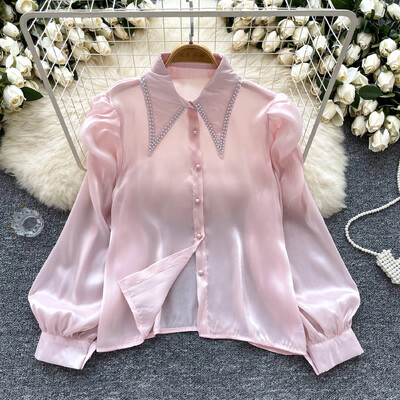 Alapok Lehajtható gallér, hosszú ujjú karcsú, egysoros elegáns hímzett szatén gyöngy felső francia női High Street őszi blúz