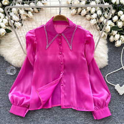 Alapok Lehajtható gallér, hosszú ujjú karcsú, egysoros elegáns hímzett szatén gyöngy felső francia női High Street őszi blúz