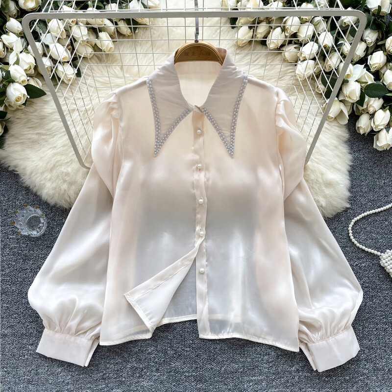 Alapok Lehajtható gallér, hosszú ujjú karcsú, egysoros elegáns hímzett szatén gyöngy felső francia női High Street őszi blúz