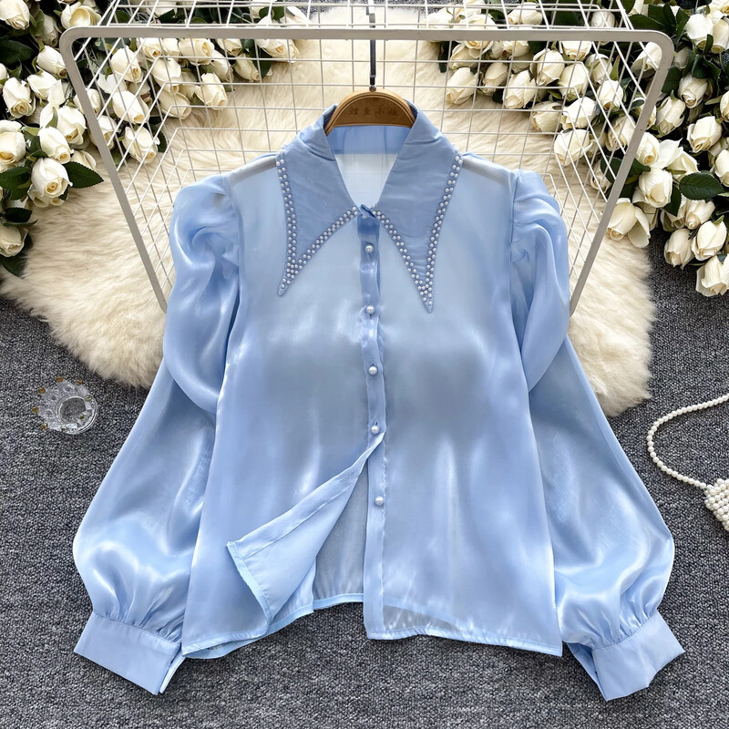 Alapok Lehajtható gallér, hosszú ujjú karcsú, egysoros elegáns hímzett szatén gyöngy felső francia női High Street őszi blúz
