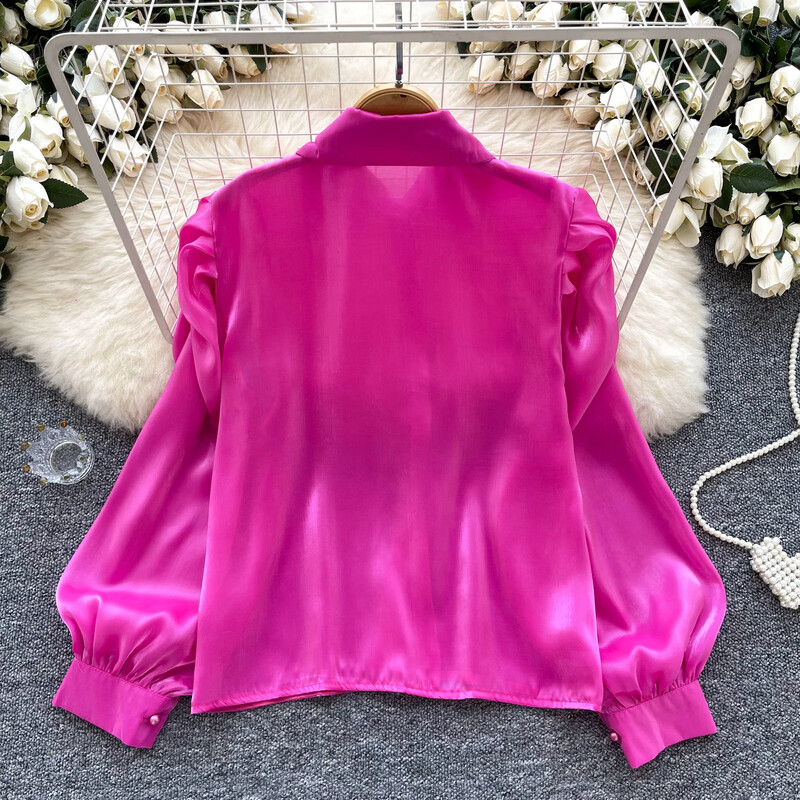 Alapok Lehajtható gallér, hosszú ujjú karcsú, egysoros elegáns hímzett szatén gyöngy felső francia női High Street őszi blúz