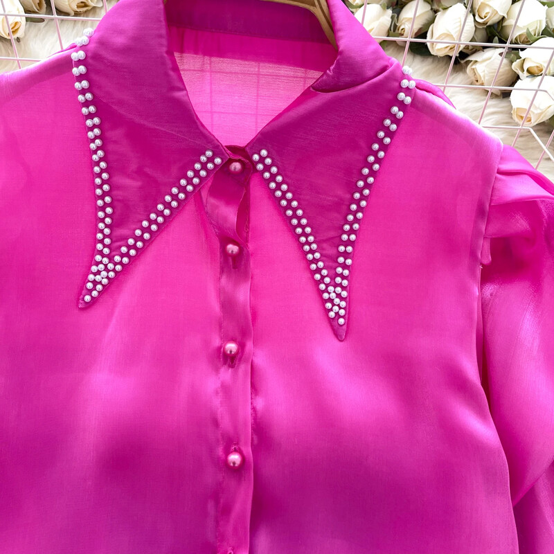 Alapok Lehajtható gallér, hosszú ujjú karcsú, egysoros elegáns hímzett szatén gyöngy felső francia női High Street őszi blúz