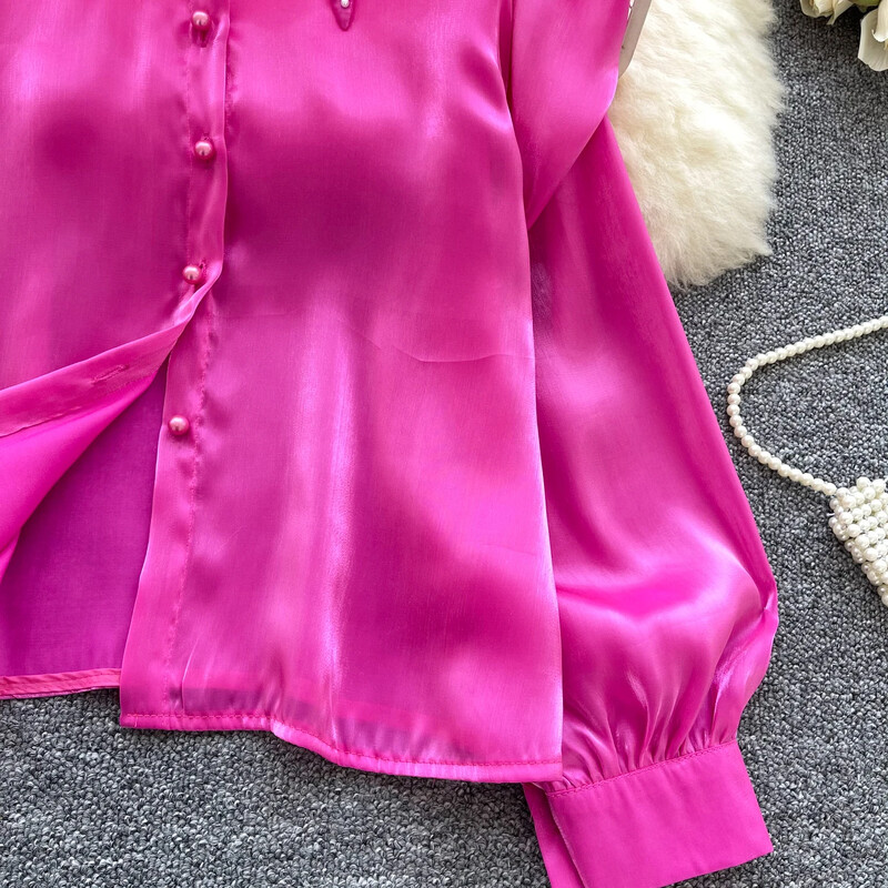 Alapok Lehajtható gallér, hosszú ujjú karcsú, egysoros elegáns hímzett szatén gyöngy felső francia női High Street őszi blúz