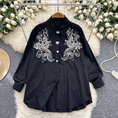Vintage hímzett alapok Lámpás ujjú karcsú, egysoros elegáns flitteres strassz felső francia női High Street őszi blúz