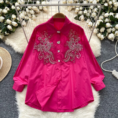 Vintage hímzett alapok Lámpás ujjú karcsú, egysoros elegáns flitteres strassz felső francia női High Street őszi blúz