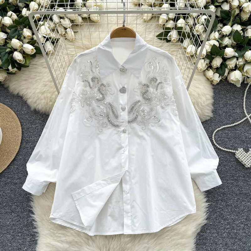 Vintage hímzett alapok Lámpás ujjú karcsú, egysoros elegáns flitteres strassz felső francia női High Street őszi blúz