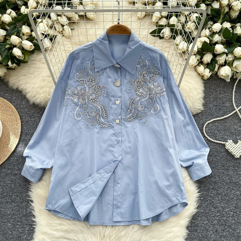 Vintage hímzett alapok Lámpás ujjú karcsú, egysoros elegáns flitteres strassz felső francia női High Street őszi blúz