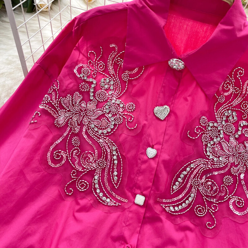 Vintage hímzett alapok Lámpás ujjú karcsú, egysoros elegáns flitteres strassz felső francia női High Street őszi blúz