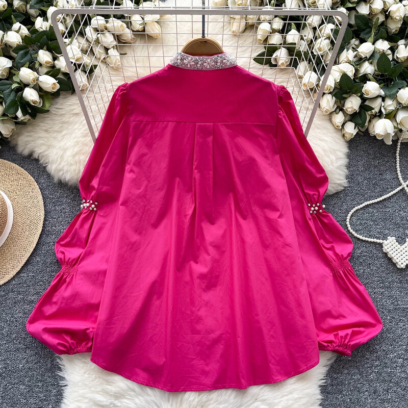 Vintage állvány nyakú, hosszú ujjú karcsú, egysoros elegáns hímzett gyöngy strasszos felső francia női High Street őszi blúz