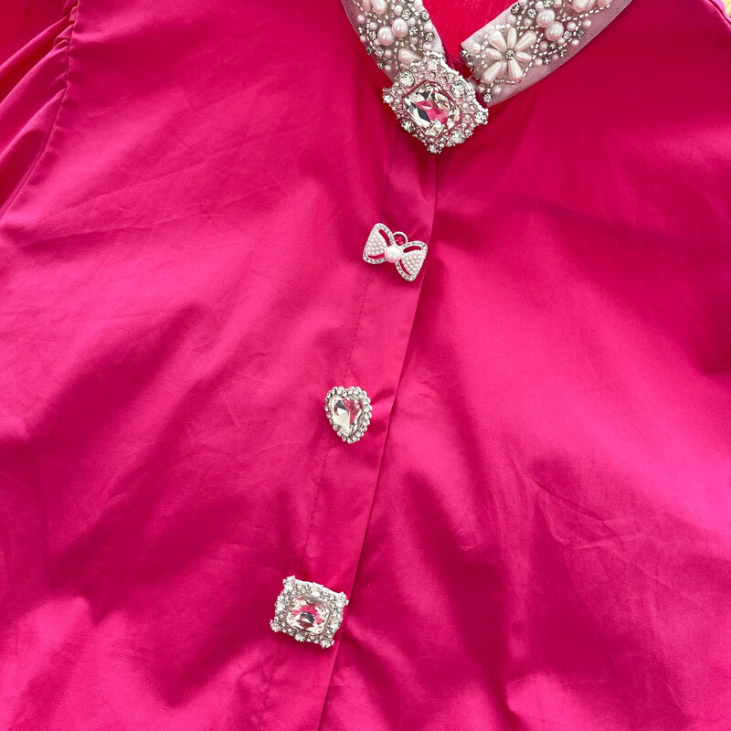 Vintage állvány nyakú, hosszú ujjú karcsú, egysoros elegáns hímzett gyöngy strasszos felső francia női High Street őszi blúz