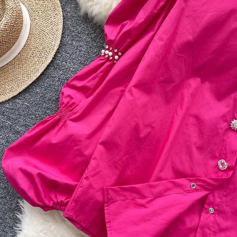 Vintage állvány nyakú, hosszú ujjú karcsú, egysoros elegáns hímzett gyöngy strasszos felső francia női High Street őszi blúz