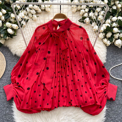 Elegantiškas drugelio tvarstis Sexy O-neck Basics Žibinto rankovė Prašmatni taškinė viršutinė moteriška korėjietiška mada High Street rudens žiemos drabužiai