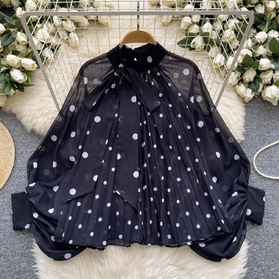 Elegantiškas drugelio tvarstis Sexy O-neck Basics Žibinto rankovė Prašmatni taškinė viršutinė moteriška korėjietiška mada High Street rudens žiemos drabužiai