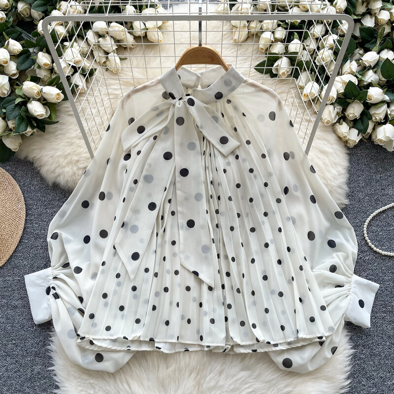 Elegáns pillangókötés Szexi O-nyakú alapok Lámpás ujjú Elegáns pöttyös felső női koreai divat High Street őszi téli ruházat