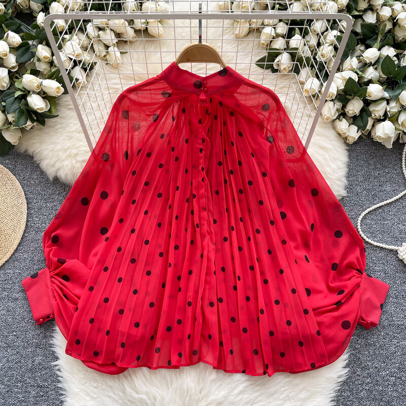 Elegáns pillangókötés Szexi O-nyakú alapok Lámpás ujjú Elegáns pöttyös felső női koreai divat High Street őszi téli ruházat