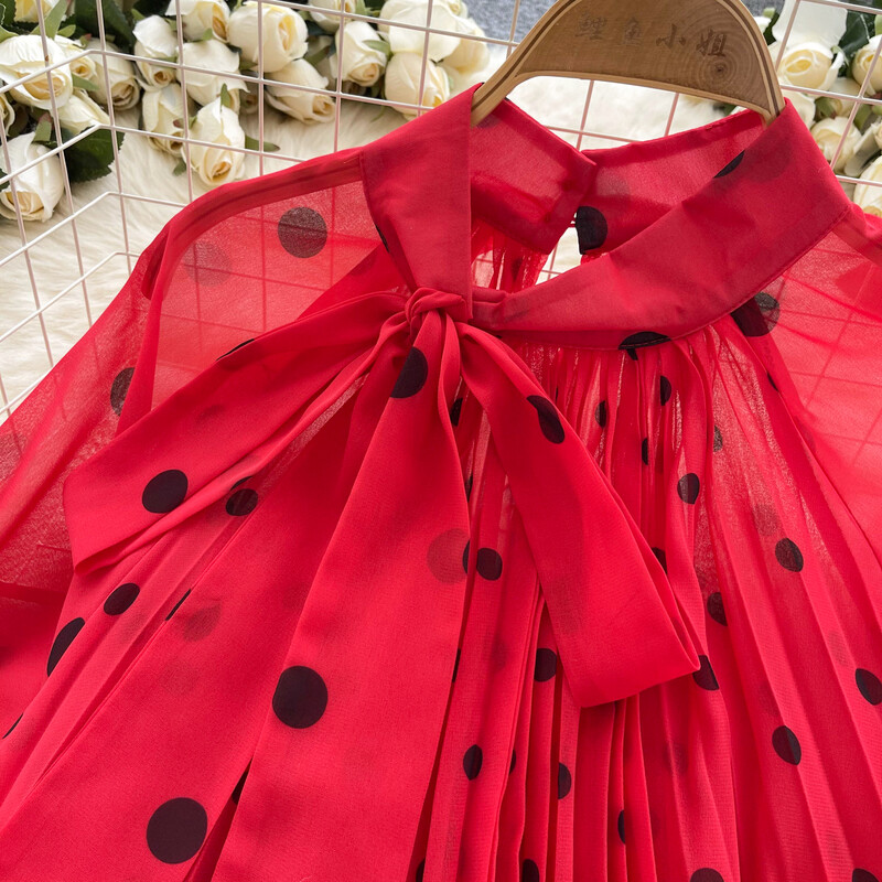 Elegáns pillangókötés Szexi O-nyakú alapok Lámpás ujjú Elegáns pöttyös felső női koreai divat High Street őszi téli ruházat