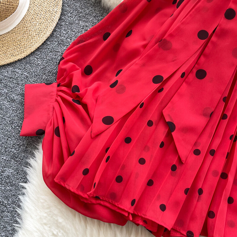 Elegáns pillangókötés Szexi O-nyakú alapok Lámpás ujjú Elegáns pöttyös felső női koreai divat High Street őszi téli ruházat