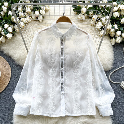 Retro bő egysoros lool ujjú hálós hímzés strassz alapok Blúz Vékony ing Női nyári felső