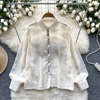 Retro bő egysoros lool ujjú hálós hímzés strassz alapok Blúz Vékony ing Női nyári felső