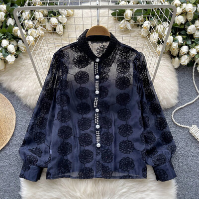 Retro bő egysoros lool ujjú hálós hímzés strassz alapok Blúz Vékony ing Női nyári felső