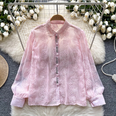 Retro bő egysoros lool ujjú hálós hímzés strassz alapok Blúz Vékony ing Női nyári felső