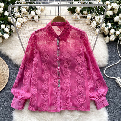 Retro bő egysoros lool ujjú hálós hímzés strassz alapok Blúz Vékony ing Női nyári felső