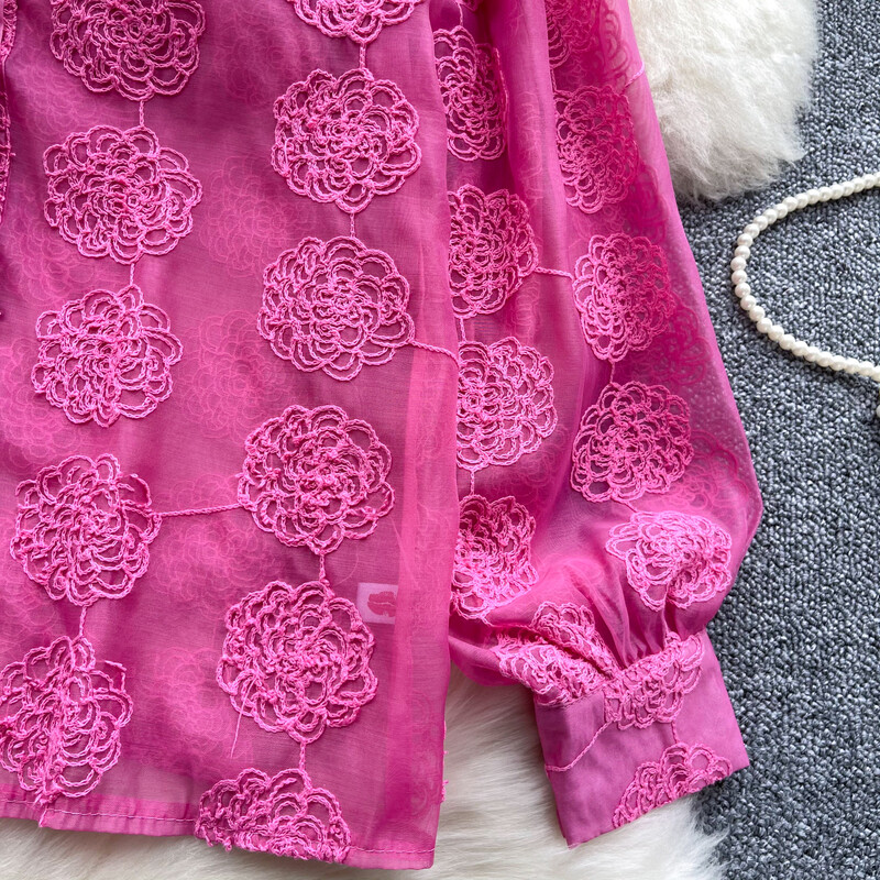 Retro bő egysoros lool ujjú hálós hímzés strassz alapok Blúz Vékony ing Női nyári felső