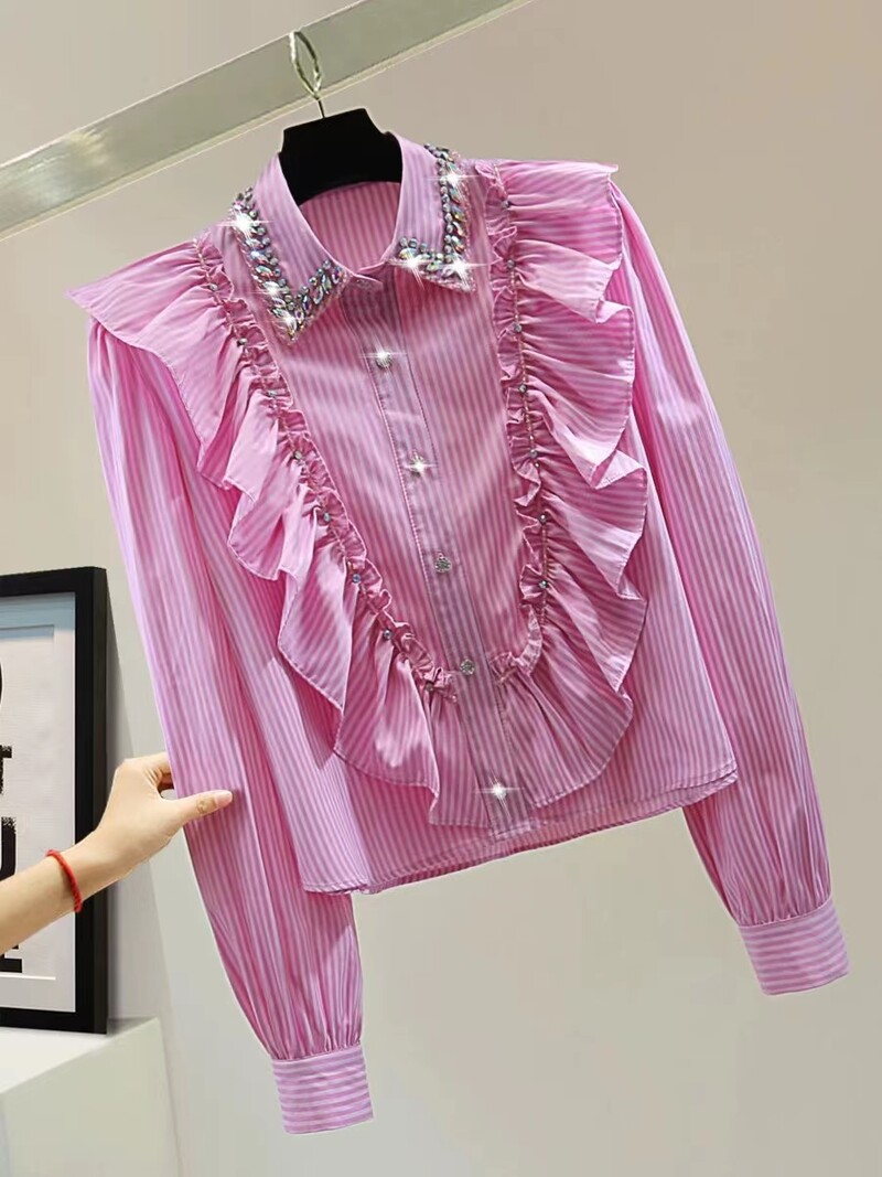 Bluze din bumbac cu dungi din bumbac cu cusătură diamante, stil de lux, pentru femei, toamnă 2024, bluză roz cu un singur piept, bluze de top dulce chic