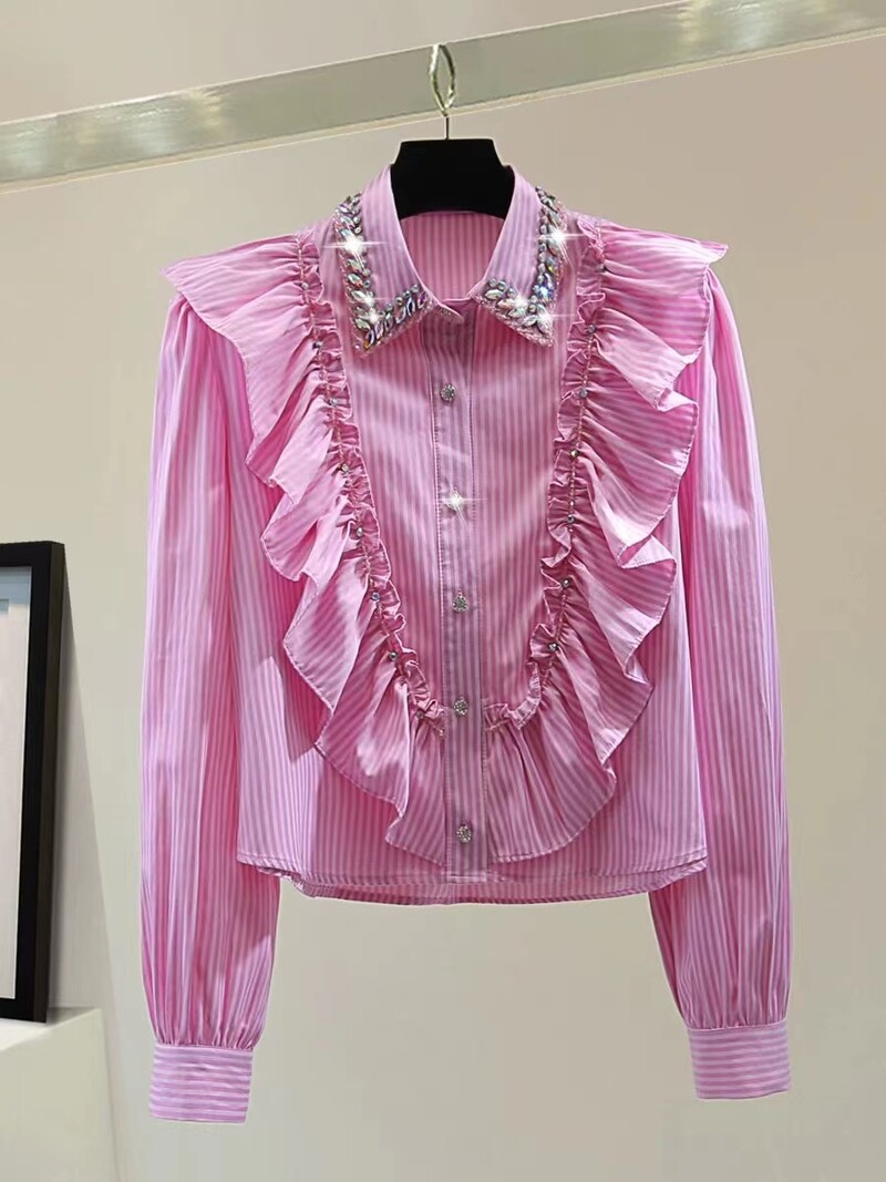 Bluze din bumbac cu dungi din bumbac cu cusătură diamante, stil de lux, pentru femei, toamnă 2024, bluză roz cu un singur piept, bluze de top dulce chic