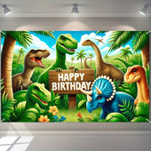 Dinozaurų džiunglių gimtadienio vakarėlio fonas Poliesterio fotokabinos fonas su balionais ir gėlėmis, universalus patalpose