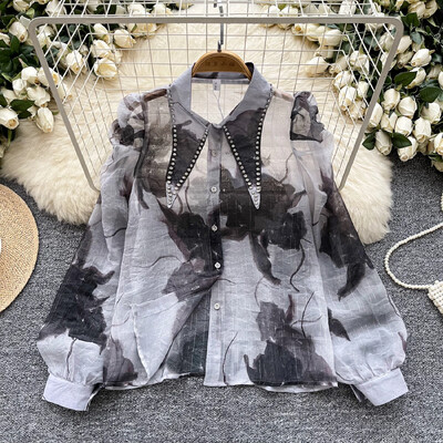 Elegáns, lehajtható gallér Vintage strasszos redős lámpás ujj, átlátszó koreai női utcai ruházat High Street őszi blúz