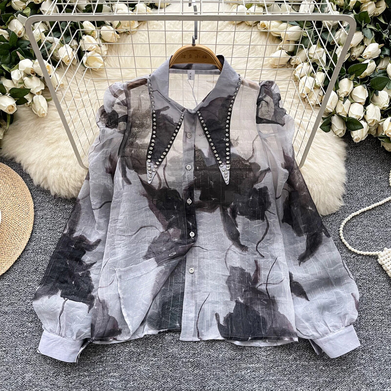 Elegáns, lehajtható gallér Vintage strasszos redős lámpás ujj, átlátszó koreai női utcai ruházat High Street őszi blúz