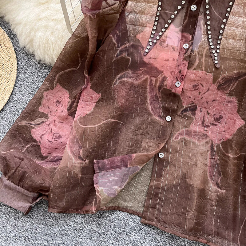 Elegáns, lehajtható gallér Vintage strasszos redős lámpás ujj, átlátszó koreai női utcai ruházat High Street őszi blúz