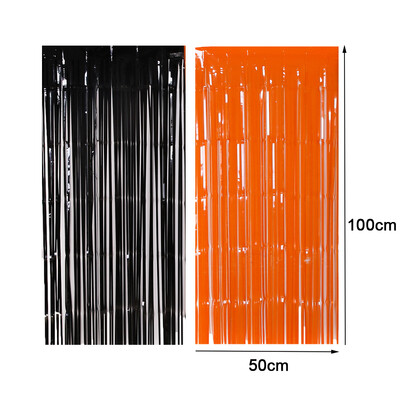 2db Halloween dekoráció hátterű Tassle függönyök fekete narancssárga fólia rojtos függöny születésnapi halloween bulihoz, háttér dekoráció