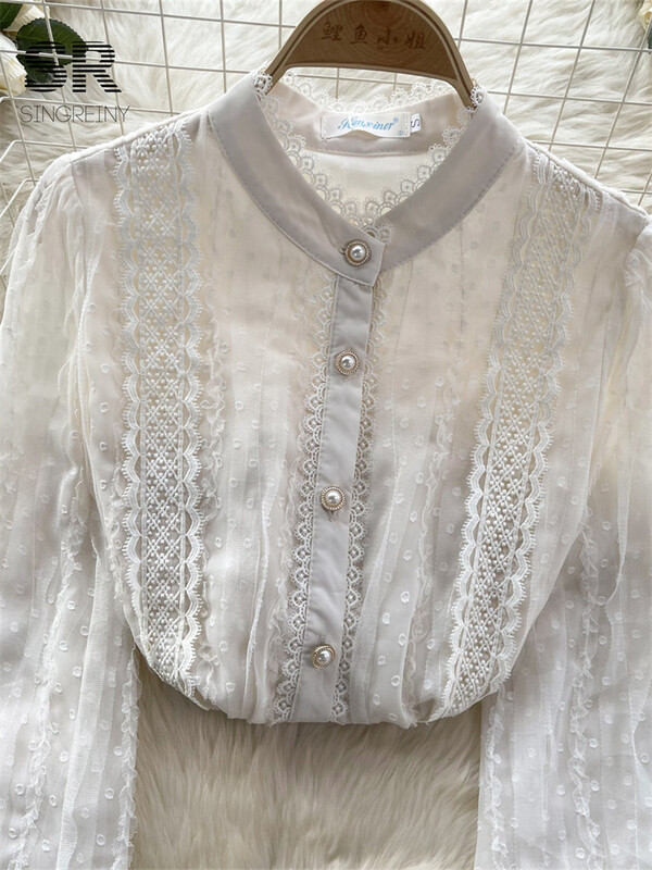 SINGREINY csipke divatos nyári ing női elegáns hosszú ujjú fehér elegáns divat 2024 női alkalmi nyári blúz