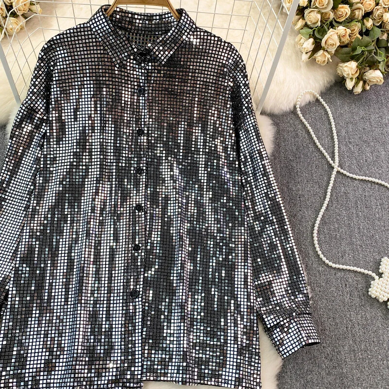 Amerikai elegáns női felsők flitteres fényes lámpás ujjú hajtóka gallér Női blúzok Női őszi utcai ruházat Ingek Dropshipping