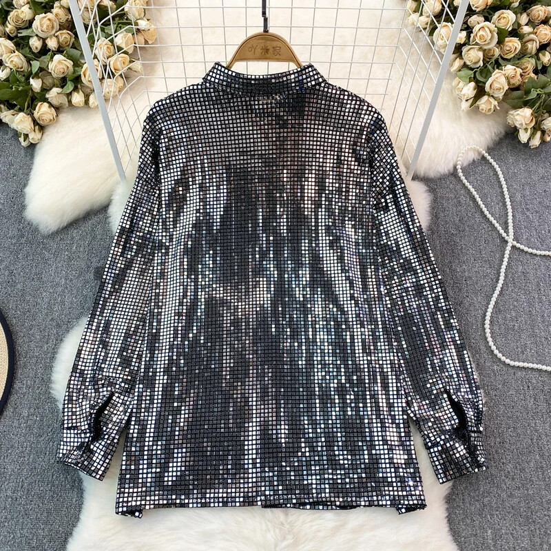 Amerikai elegáns női felsők flitteres fényes lámpás ujjú hajtóka gallér Női blúzok Női őszi utcai ruházat Ingek Dropshipping