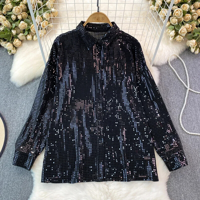 Amerikai elegáns női felsők flitteres fényes lámpás ujjú hajtóka gallér Női blúzok Női őszi utcai ruházat Ingek Dropshipping