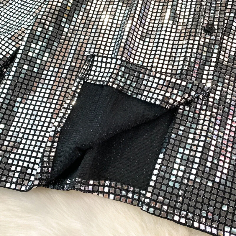 Amerikai elegáns női felsők flitteres fényes lámpás ujjú hajtóka gallér Női blúzok Női őszi utcai ruházat Ingek Dropshipping