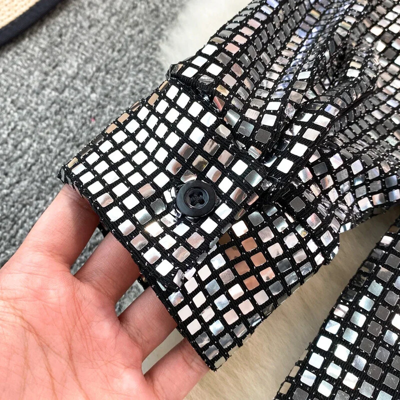 Amerikai elegáns női felsők flitteres fényes lámpás ujjú hajtóka gallér Női blúzok Női őszi utcai ruházat Ingek Dropshipping