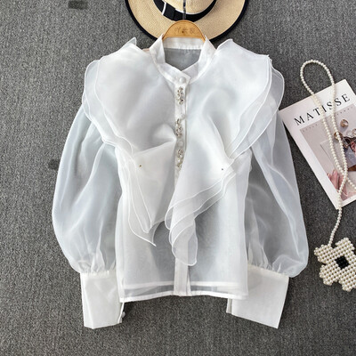 Elegáns női felsők és blúzok Organza fodros blúz nőknek gyöngyfűző hálós áttetsző blusa női Elegáns koreai divat Dropship