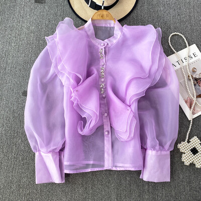 Elegáns női felsők és blúzok Organza fodros blúz nőknek gyöngyfűző hálós áttetsző blusa női Elegáns koreai divat Dropship