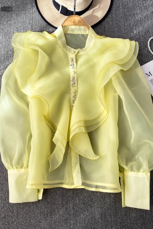 Elegáns női felsők és blúzok Organza fodros blúz nőknek gyöngyfűző hálós áttetsző blusa női Elegáns koreai divat Dropship