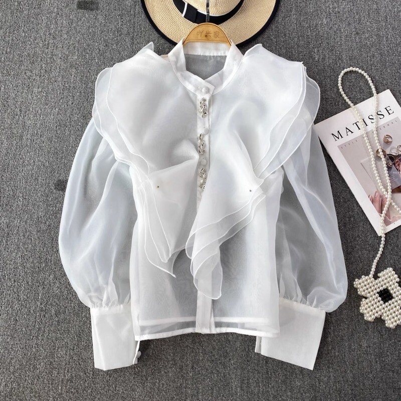 Elegáns női felsők és blúzok Organza fodros blúz nőknek gyöngyfűző hálós áttetsző blusa női Elegáns koreai divat Dropship