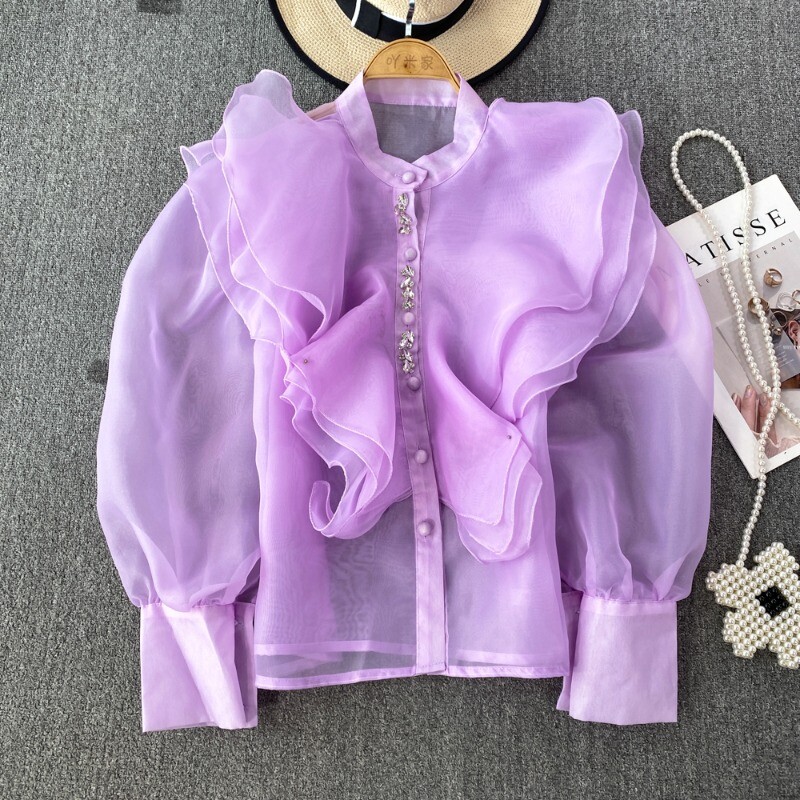 Elegáns női felsők és blúzok Organza fodros blúz nőknek gyöngyfűző hálós áttetsző blusa női Elegáns koreai divat Dropship